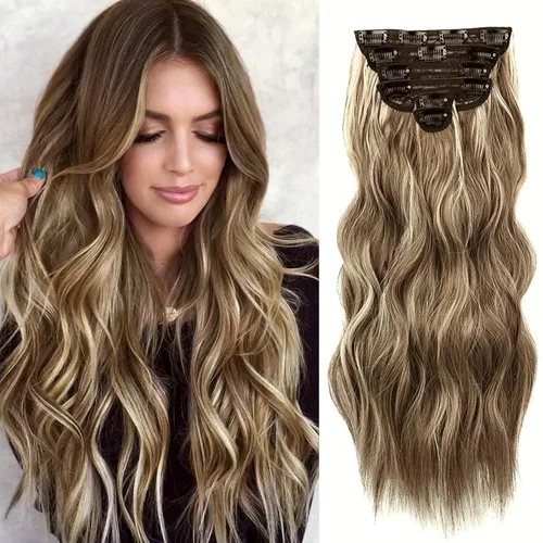 Vista 8 de NAYOO Extensiones de cabello con clip, de 20 pulgadas, largo, ondulado, rizado, rubio ceniza, extensiones de cabello sintético de cabeza completa