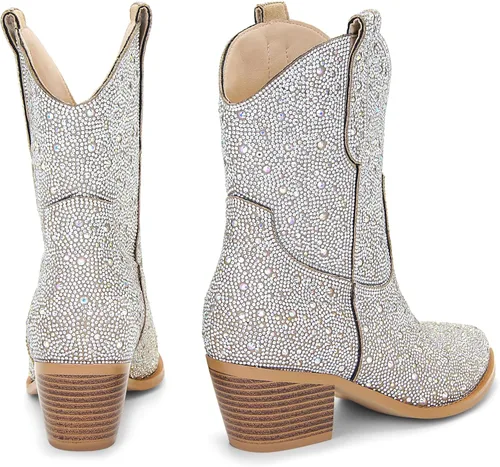 Vista 6 de STALOV Botas vaqueras cosidas para mujer, punta puntiaguda, tacón bajo y grueso, botas vaqueras occidentales bordadas