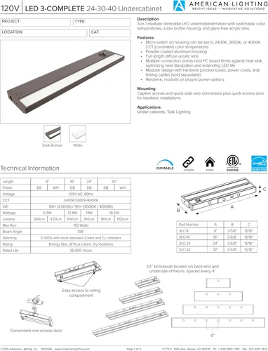 Vista 4 de American Lighting 3 accesorios LED completos para debajo del gabinete, ajustable 2700K-3000K-4000K blanco cálido, blanco y color blanco ultra Bronce