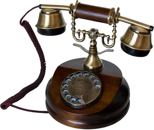 Opis 1921 Cable A: El teléfono clásico vintage de esfera de madera para el hogar, un teléfono fijo ejecutivo retro de latón y teléfono antiguo