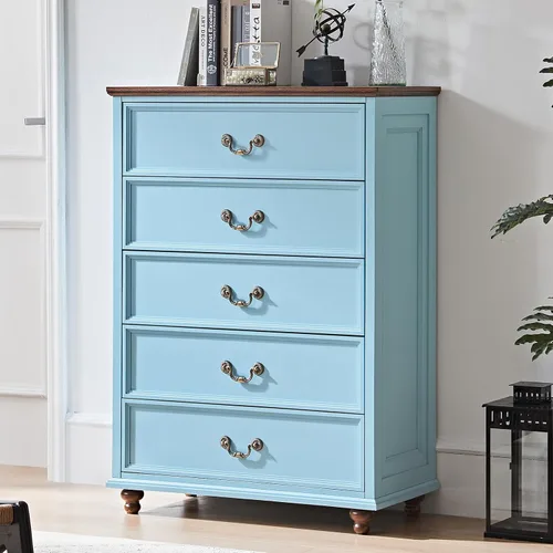 Vista 32 de Joaxswe Cómoda de 5 cajones estilo granja para dormitorio, cofres de cajones rústicos de 45" de alto con 4 patas de madera maciza, cómodas de Azul