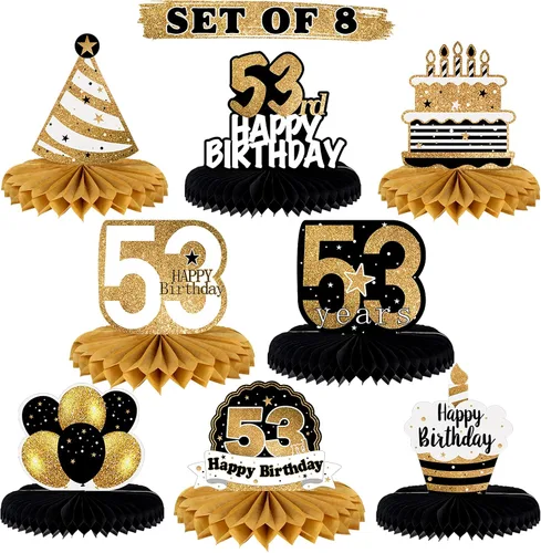 Vista 57 de LINGTEER Decoración de mesa de papel para pastel de 10 cumpleaños, color negro y dorado - Juego de 8 piezas, globos de estrella de pastel, centro