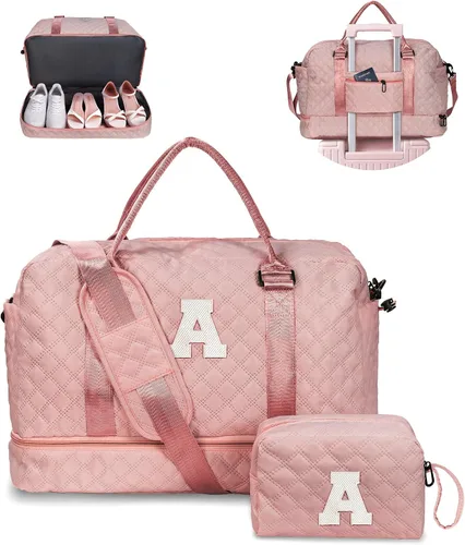 Bolsa de lona con letra inicial con compartimento para zapatos, personalizada, con correa para hombro, de mujer, con correa para asa maleta, con