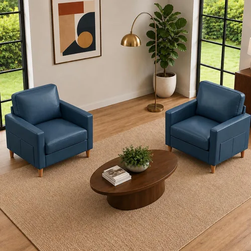 Kingfun Juego de 2 sillas decorativas, sillas de sala de estar, sillón de lectura de piel sintética, mediados de siglo con pie de madera maciza Piel