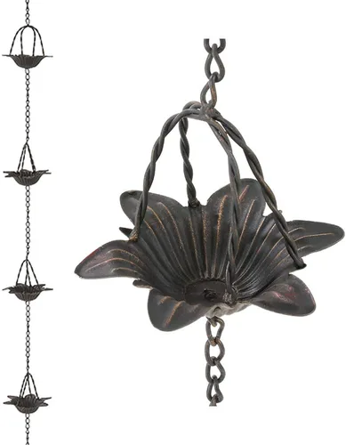 Jemeni Cadena de lluvia de metal de 6.5 pies, cadenas de lluvia para canaletas con 7 tazas, estilo flor de lirio, bronce
