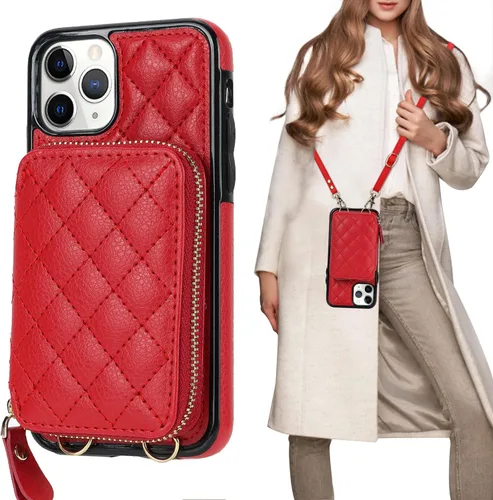 Vista 9 de Bocasal Funda tipo cartera cruzada para iPhone 11 Pro, de piel sintética con bloqueo RFID, con cremallera, funda tipo cartera con función atril