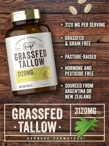 Vista 4 de Carlyle Herbage Farmstead - Sarga de carne alimentada con pasto de 3120 mg 200 cápsulas de gel blando Suplemento bovino criado en pastos Sin