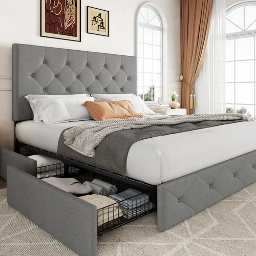 Vista 18 de Allewie - Base de cama con plataforma tapizada tamaño Queen, con 4 cajones de almacenamiento y cabecera, botón cosido en forma de diamante, base
