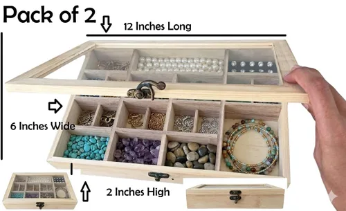 Vista 2 de Paquete de 2 cajas organizadoras de joyas de madera sin terminar con tapa de vidrio, 14 compartimentos para cuentas y estuche de almacenamiento