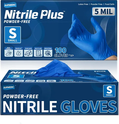 Supmedic Disposable Nitrile Gloves, 5Mil Chemical Resistant Powder-Free Latex-Free Glove Exam Cook Tattoo, Black Blue 100Pcs (azul) s