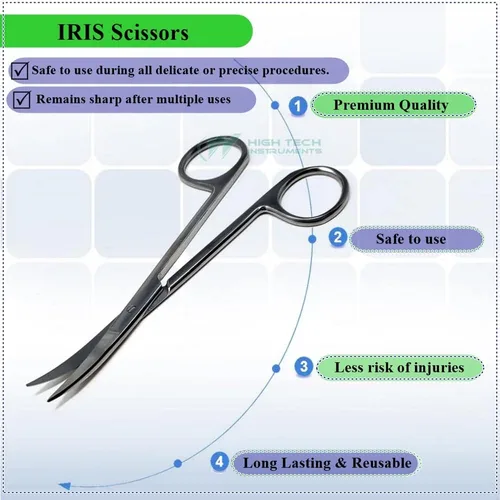 Vista 2 de Tijeras de alta calidad Iris Micro Disección Tijeras curvadas 4.5 pulgadas con cuchillas afiladas finas hechas de acero inoxidable Herramientas