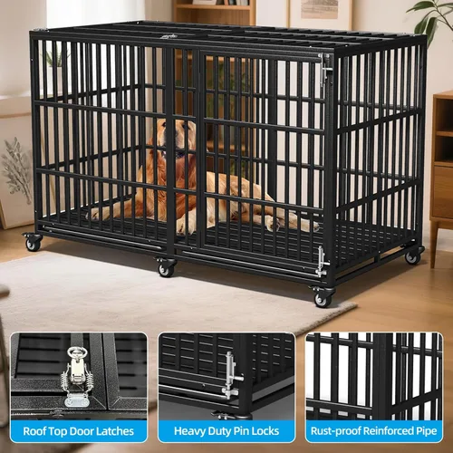 Vista 2 de Jaula para perros de 64 pulgadas, resistente, indestructible, para razas gigantes extra grandes, puertas dobles, ruedas con cerradura, alta