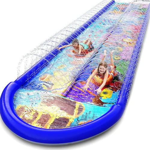 Undersea Water Dual Slip and Slide - 18 pies x 5 pies deslizante con almohadilla de salpicaduras y rociador, tobogán acuático con tablas inflables