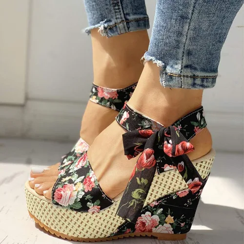 Vista 2 de NOLDARES Sandalias de verano para mujer, con plataforma de alpargata, con diseño floral, con cordones