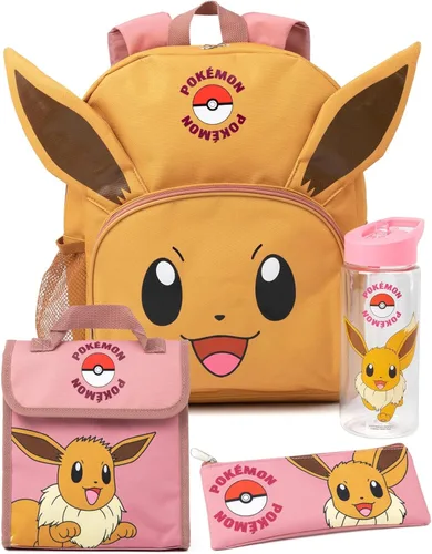 Pokémon Eevee - Juego de mochila de 4 piezas para niños, color marrón, rosa, bolsa de almuerzo, estuche para lápices, botella de agua, accesorios