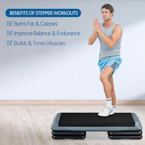 Vista 9 de Yaheetech Escalón aeróbico, plataforma de ejercicio aeróbico ajustable de 4-6-8 pulgadas, tamaño del club de salud con elevadores y superficie
