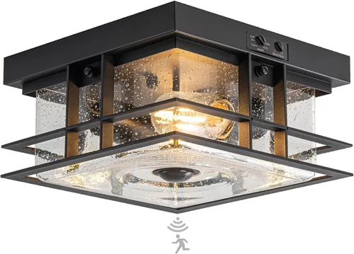 Motion Sensor Outdoor Ceiling Lights, Black Upgraded Dusk to Dawn Porch Lights Ceiling Mount, Flush Mount 2-Light Close to Ceiling Lighting Fixture