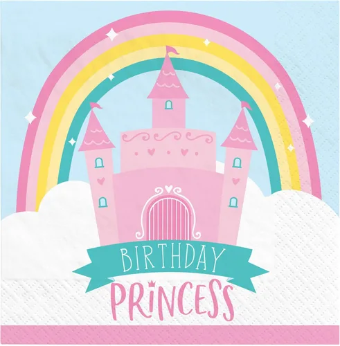 Vista 5 de Servilletas multicolor de princesa castillo de cumpleaños (5 x 5 pulgadas), paquete de 16 servilletas de papel adorables y divertidas, suaves