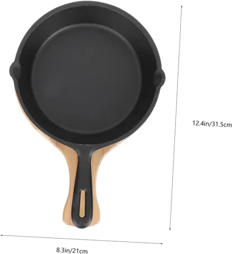 Vista 2 de Uonlytech Thickened Cast Iron Non-stick Frying Pan with Handle and Wooden Board Even Heat Distribution Steak Cooking Pan for Home Kitchen Utensil