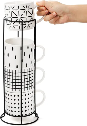 Vista 4 de TOPZEA Set of 4 Stackable Coffee Mugs with Stand, 15 oz Ceramic Coffee Cups Set with Metal Holder Rack for Cappuccino, Espresso, Latte, Tea, Hot