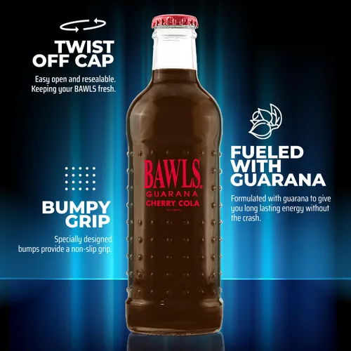 Vista 5 de BAWLS Guaraná Cherry Cola, BAWLS Guaraná Drink, refresco de guaraná, refresco alimentado con guaraná para energía, bebida con cafeína de alta