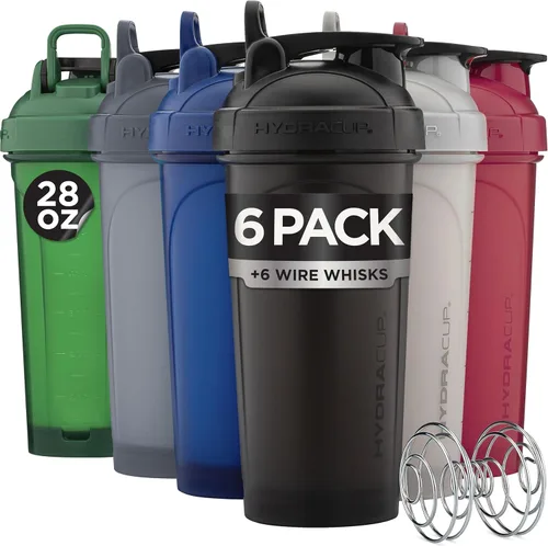 Hydra Cup - Paquete de 6 - Botellas agitadoras de 28 onzas | Tazas agitadoras de proteínas con bola agitadora, a prueba de derrames, asa de