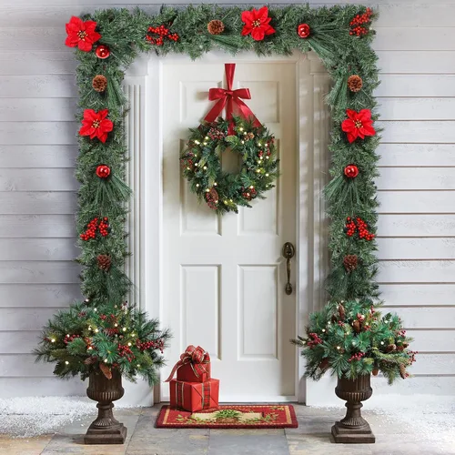 Vista 6 de Guirnalda de Navidad con luces, oro champán de 6 pies, 20 luces LED, guirnalda de Navidad preiluminada con adornos de bolas, cintas, conos de pino