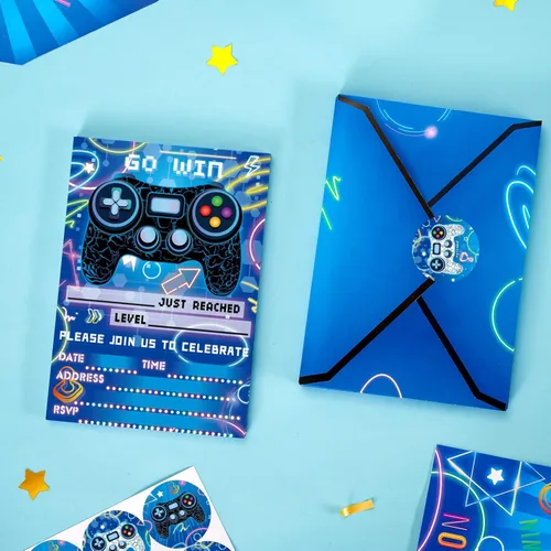Vista 5 de WERNNSAI Invitación para Fiesta de Videojuego - Juego de 24 Tarjetas de Cumpleaños de Juego Azules para Llenar con Sobres y Adhesivo para Niños