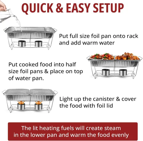 Vista 8 de Juego de Bandejas Calentadoras Desechables para Bufé, 33 Piezas de Calentadores con Calentadores de Alimentos, Cubiertas, Bandejas de Comida