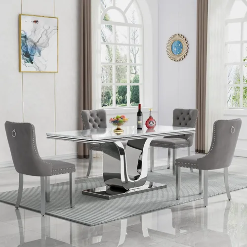 Vista 22 de Juego de 6 mesas de comedor de mármol de 68 pulgadas para 6, mesa de comedor rectangular moderna para 6, mesa de cocina y sillas de mármol blanco