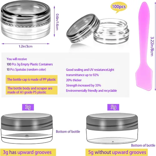 Vista 2 de MotBach 100 paquetes de botes de plástico de 3 g con tapas, botes de cosméticos redondos transparentes de 3 ml, botes de maquillaje de 3 gramos