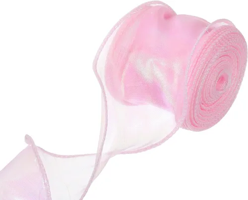 Vista 56 de MECCANIXITY Cinta de Organza Transparente con Alambre Brillante de 2 3/8" de Ancho, Cintas de Gasa Iridiscente Pastel de 3 Yardas Color Beige