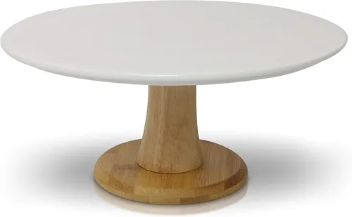 Vista 3 de Soporte de cerámica blanca para tartas con base de bambú, soporte para pasteles y postres para bodas y cumpleaños, decoración de cocina y hogar