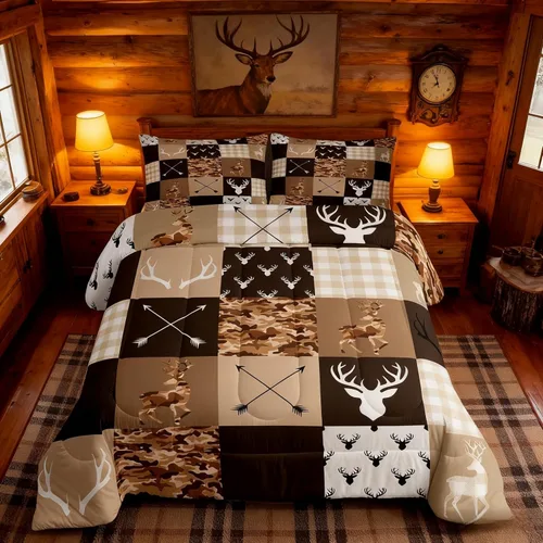 Vista 28 de Manfei Juego de Edredón de Siluetas de Animales con Astas de Ciervo Tamaño Full, Juego de Ropa de Cama de Camuflaje con Cuadros Geométricos de 3