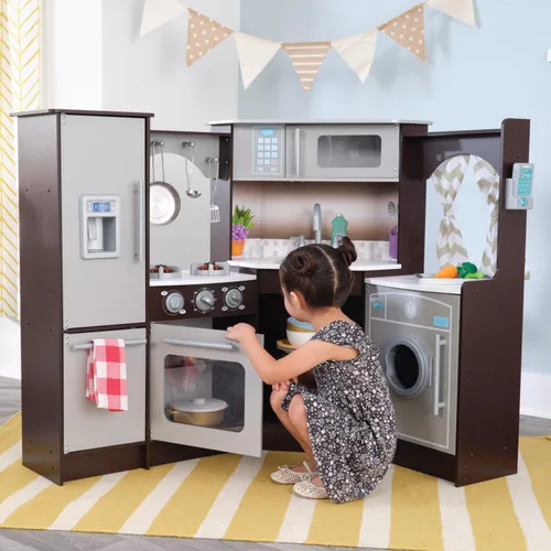 Vista 2 de KidKraft Ultimate Corner Wooden Play Kitchen with Lights & Sounds, Play Phone and Curtains, Espresso, Gift for Ages 3+