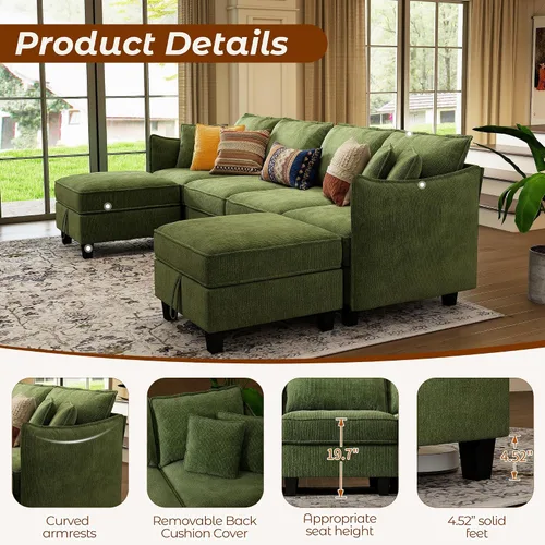 Vista 6 de Sofá modular modular en forma de U de 112 pulgadas con otomana de almacenamiento y funda de cojín lavable para sala de estar, dormitorio Verde