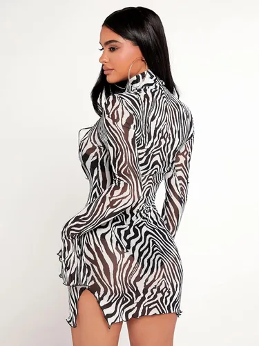 Vista 2 de Verdusa Vestido ajustado de manga larga con cuello alto falso de malla transparente para mujer