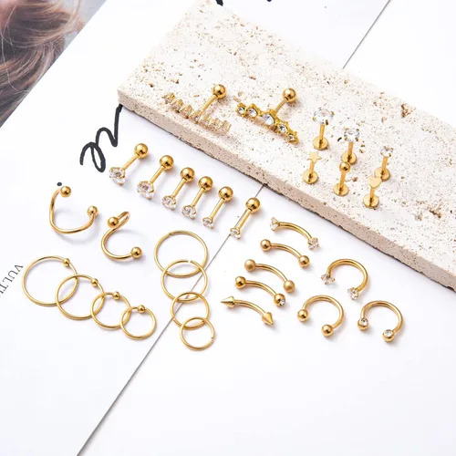Vista 3 de REVOLIA - Juego de 32 pendientes de acero inoxidable para cartílago para mujer y niña concha hélice o tragus Daith