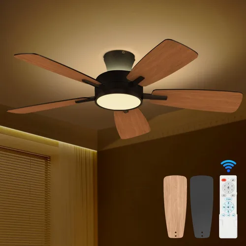 TALOYA Ventiladores de techo con luces y control remoto, ventilador de techo de perfil bajo de 46 pulgadas con luz, montaje al ras, reversible, Negro