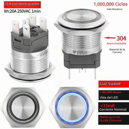 Vista 3 de Interruptor de botón de cierre de 15 amperios, 22 mm, 12 V CC, DPST, luz LED ojo de ángel, acero inoxidable 304, impermeable IP67 con enchufe de Azul
