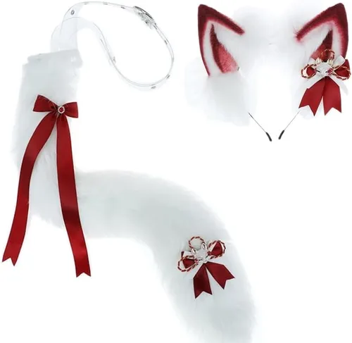 Wenzhtnsh Red Faux Fur Fox Wolf Tail Headband Kitten Cat Costume Fox Decor Ribbon Bows THalloween Cosplay Lolita Furry Tail