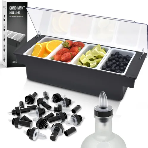 Esatto - Porta condimentos para bar, bandeja de guarnición refrigerada con tapa para bar, 4 insertos de 1/2 pinta, con 12 vertedores para botellas