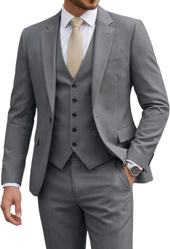 Vista 14 de Traje de 3 piezas para hombre con corbata, chaleco sólido de un botón y beige (529-beige)
