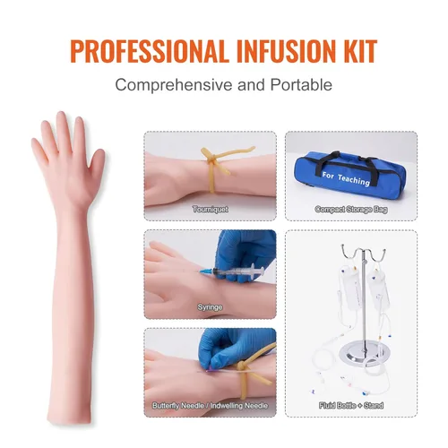 Vista 5 de Kit de práctica de flebotomía VEVOR, kit de entrenamiento intravenoso de venopunción IV, kit de práctica de brazo IV de alta simulación con bolsa