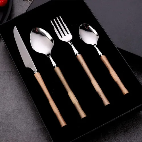 Vista 5 de Juego de cubiertos de madera para 6 cubiertos modernos de acero inoxidable, juego de cubiertos de 30 piezas, cuchillos, tenedores, cucharas, vajilla
