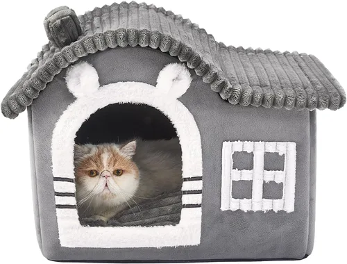 Vista 9 de Jiupety Casas de Gatos con Forma de Oso para Gatos de Interior, Cueva de Cama para Gatos Linda con Chimenea, Suficiente Espacio Interior, Casa Suave