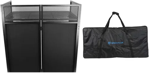 Rockville ROCKBOOTH Cabina de fachada para evento DJ con mesa de 39.5" x 20", mesa desmontable, pantallas negras/blancas, bolsa de viaje, para DJs