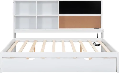 Vista 124 de Quarte Elegante cama de plataforma con estanterías en forma de L, cama de plataforma de madera tamaño individual con 2 cajones de almacenamiento