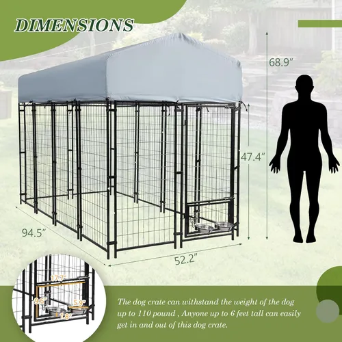 Vista 2 de Perrera para perros al aire libre, recinto para perros de 8 x 4 x 5.7 pies con cubierta de techo impermeable y 2 cuencos giratorios para perros