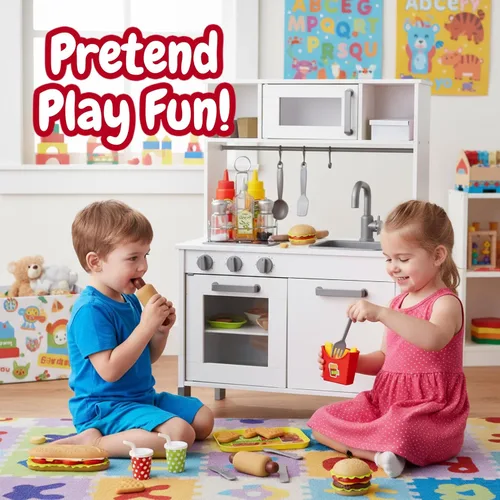 Vista 6 de Kiddie Play Juegos de comida para la cocina de los niños, juego de comida rápida y condimentos con hamburguesa, perrito caliente, papas fritas
